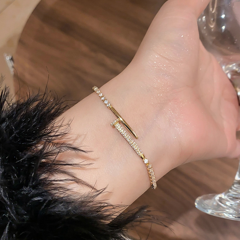 真金电镀锆石钉子几何可调节手链简约高级气质手环通勤珠子百搭