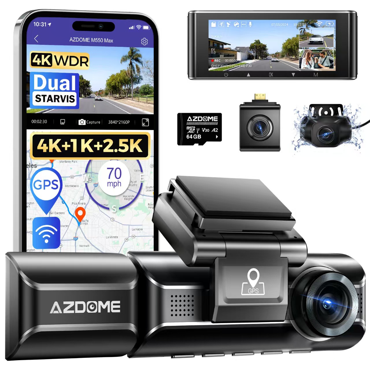 AZDOME araç kamerası üç lens 4K 1080P 1440P GPS