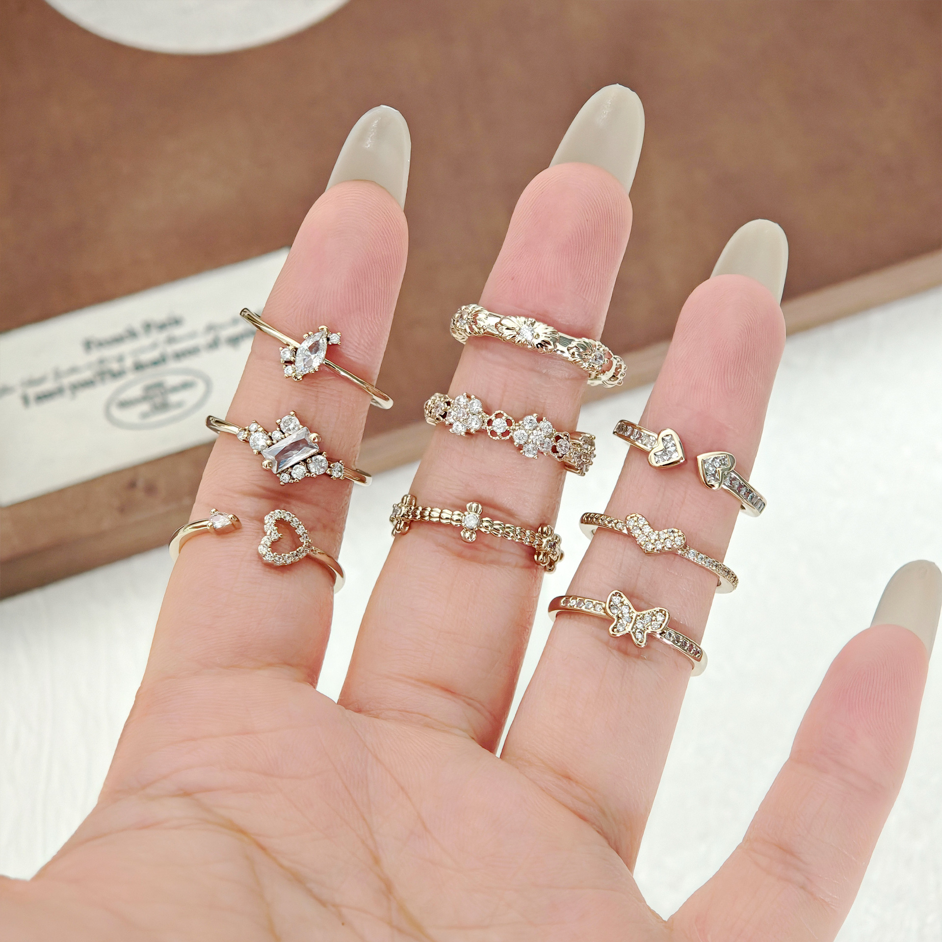 Coffee Gold Zircon Ring, Open Design, Stackable