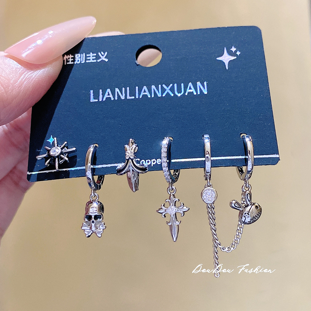 Gümüş iğne küpe seti, katmanlı çok delikli