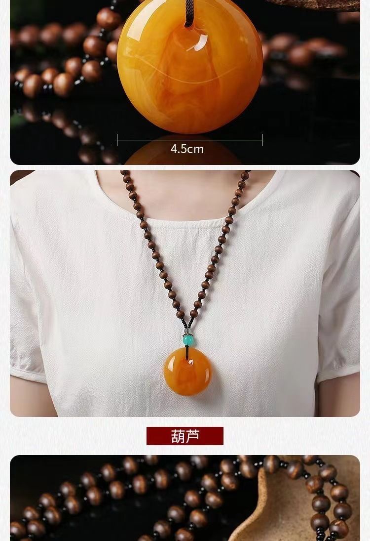 新款复古民族风老蜜蜡吊坠鸡翅木长项链女无事牌毛衣链棉麻配饰