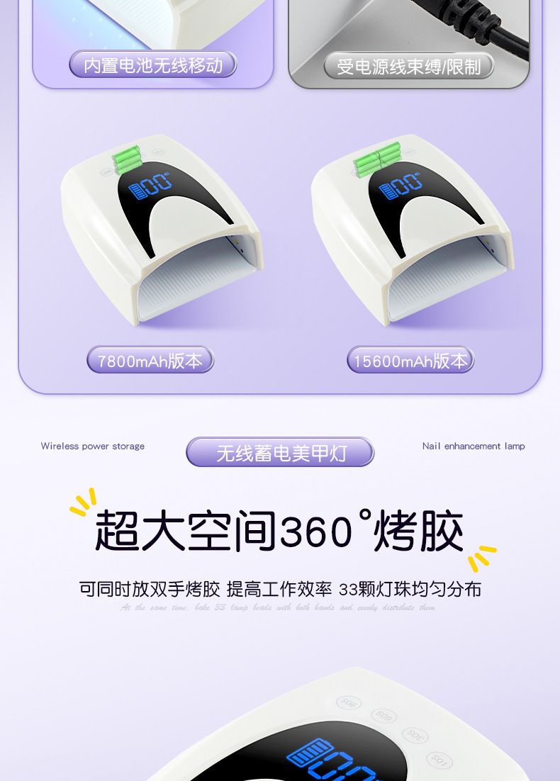 Rechargeable manicure UV/LED lamp, 72W wireless curing