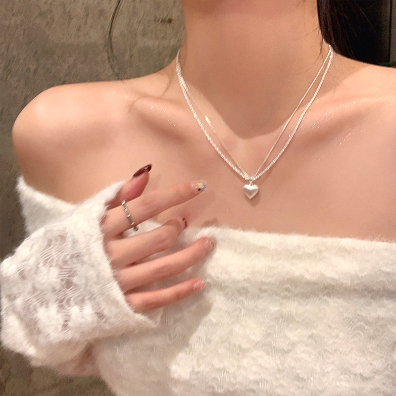 Double-layer brushed love pendant necklace, sparkling