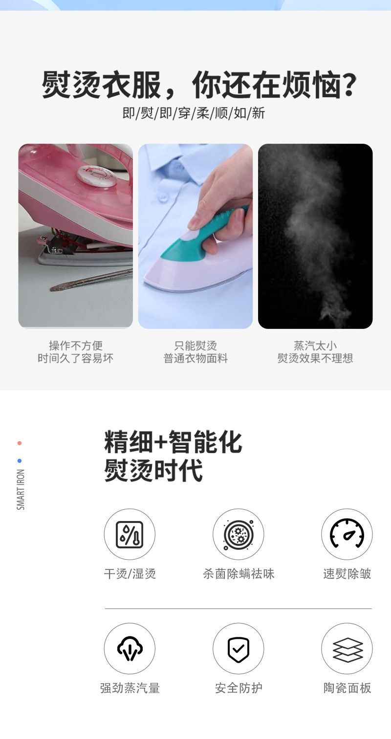 Handheld electric steam iron with ceramic sole, large water tank