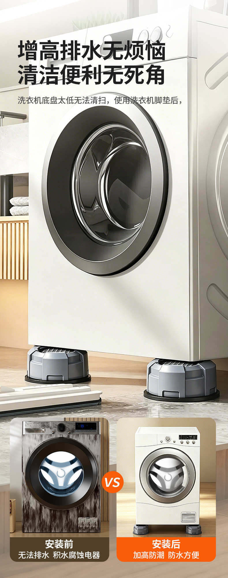 Washing machine stand, height raiser, non-slip feet
