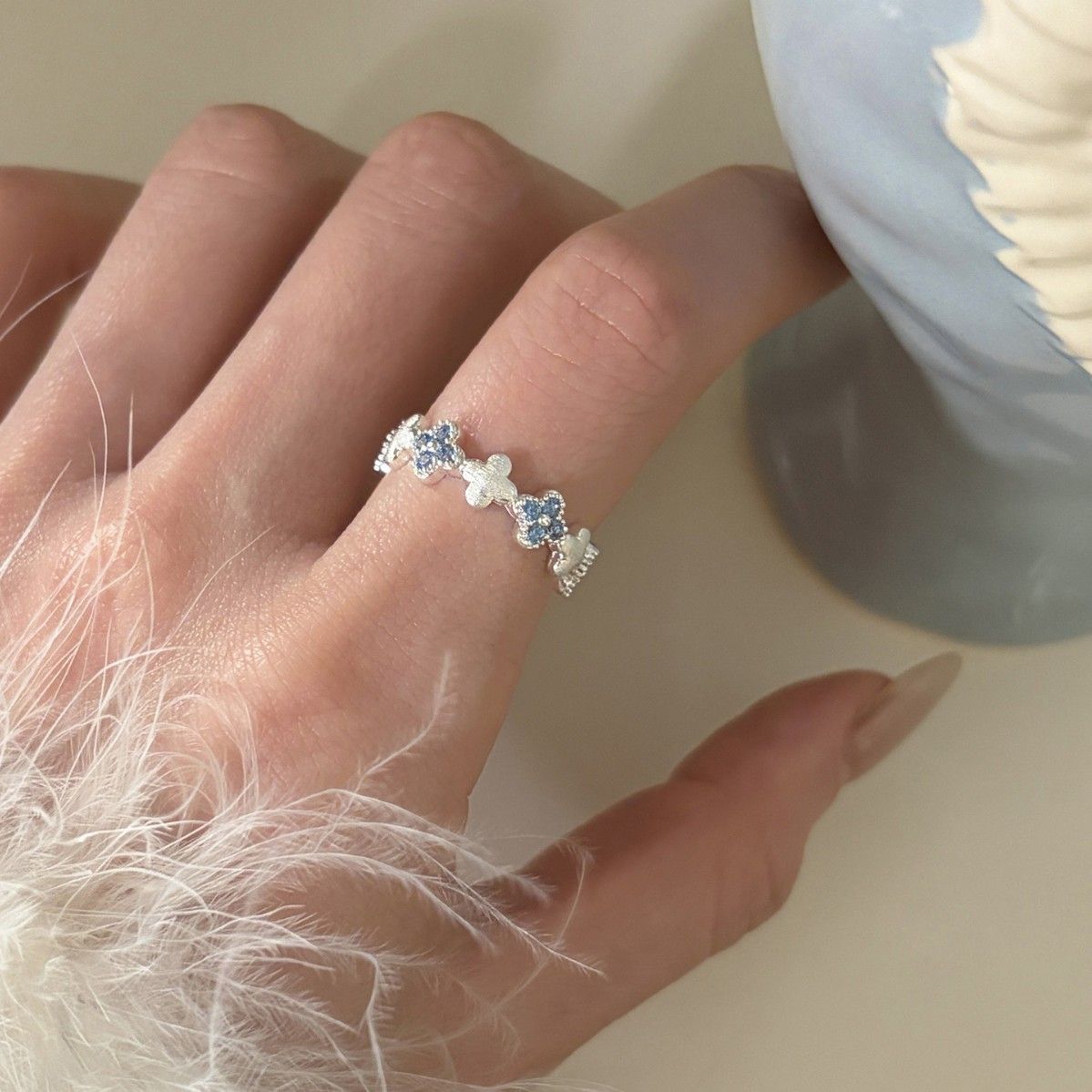 S925 sterling silver clover crystal ring, brushed, adjustable