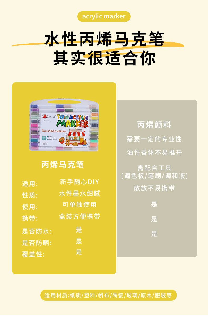 水性丙烯马克笔套装学生美术手工绘画涂鸦笔大容量彩色双头水彩笔