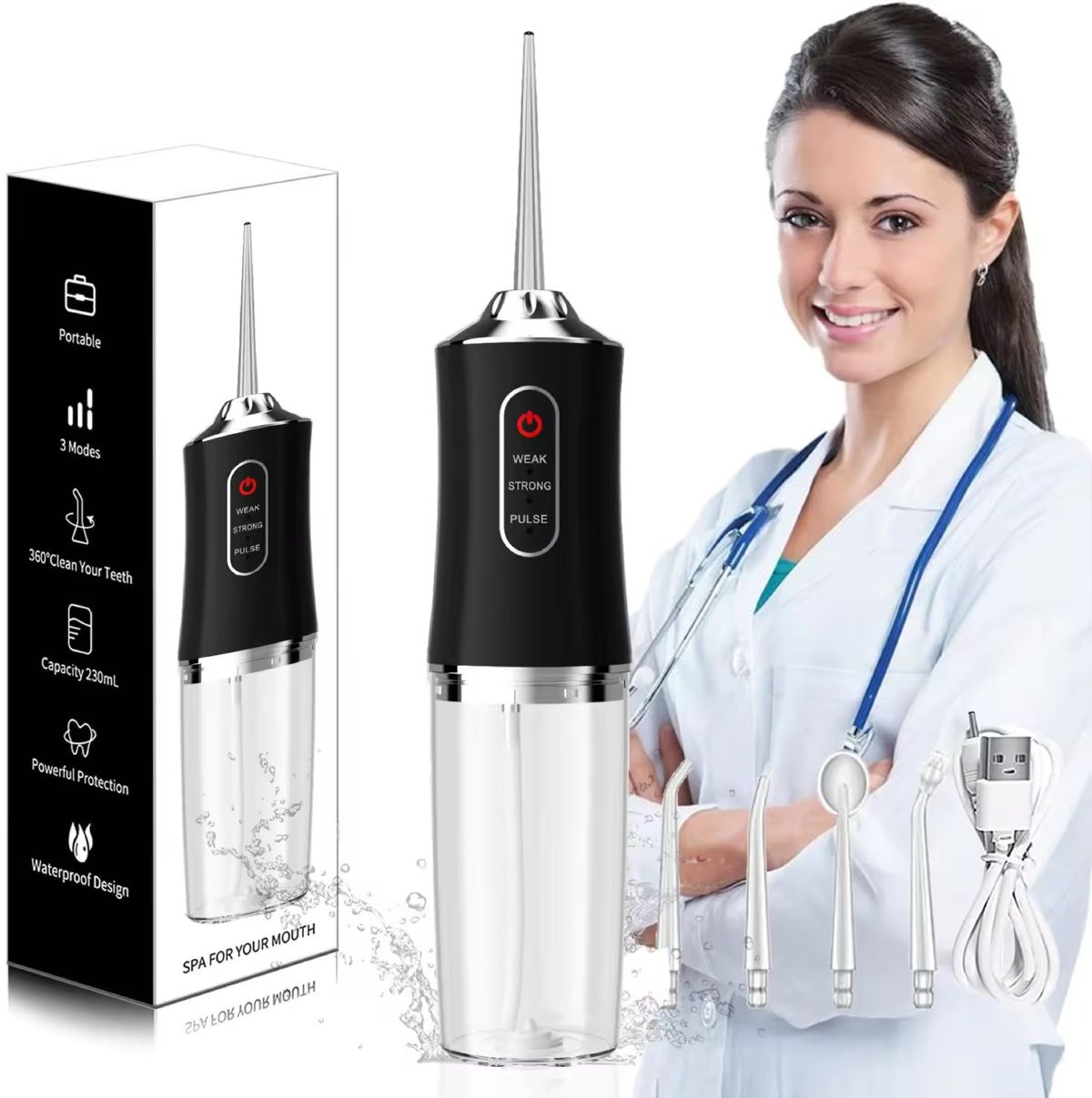 Portable electric water flosser, teeth cleaner, oral hygiene device