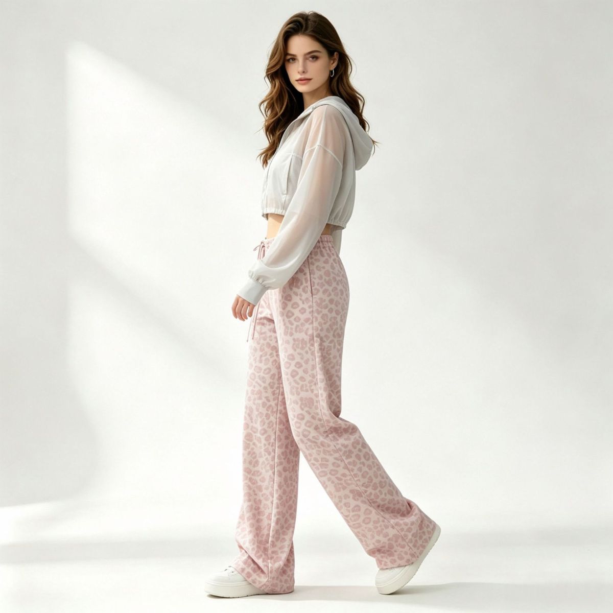 Damen-Yogahose mit Leopardenmuster und weitem Bein, hohe Taille