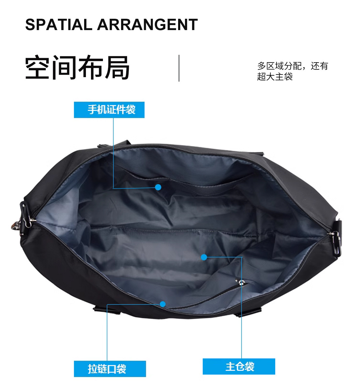 Travel bag with large capacity shoulder strap