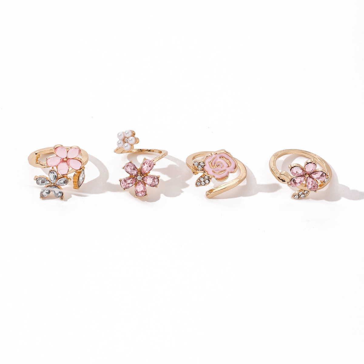 Pink flower ring set, sweet style, cubic zirconia stones