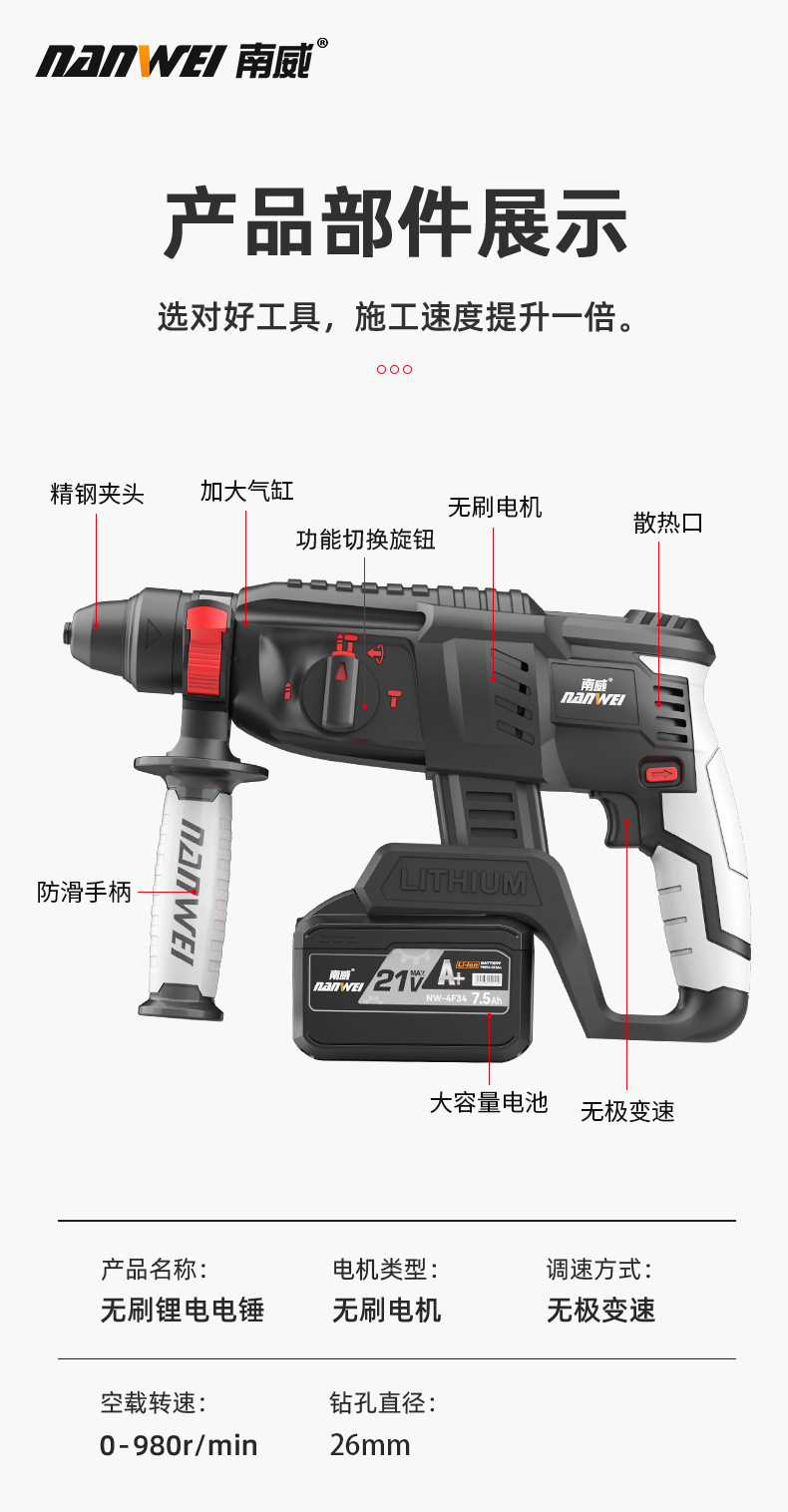 Nanwei elektrik çekiçi, fırçasız motor, lityum pilli, 3-in-1 set