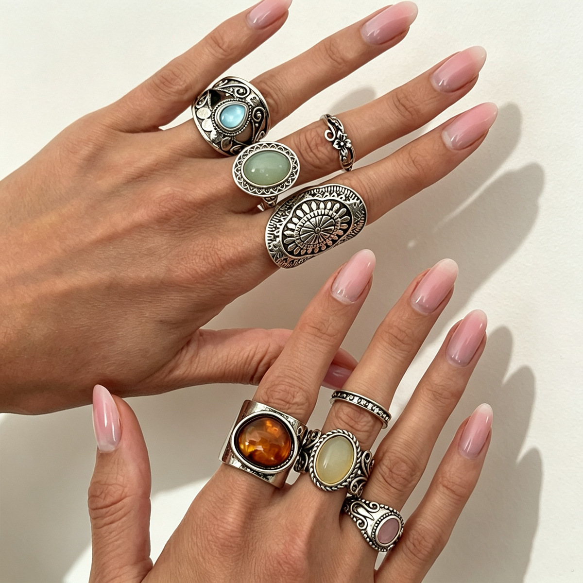 Antique silver carved wide band ring, cat's eye stone, stackable