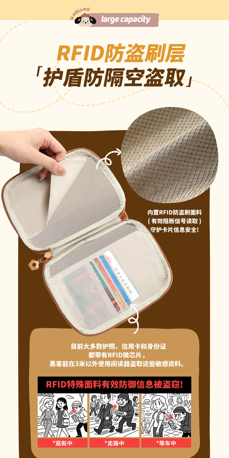 RFID passport wallet, multifunctional travel document organizer