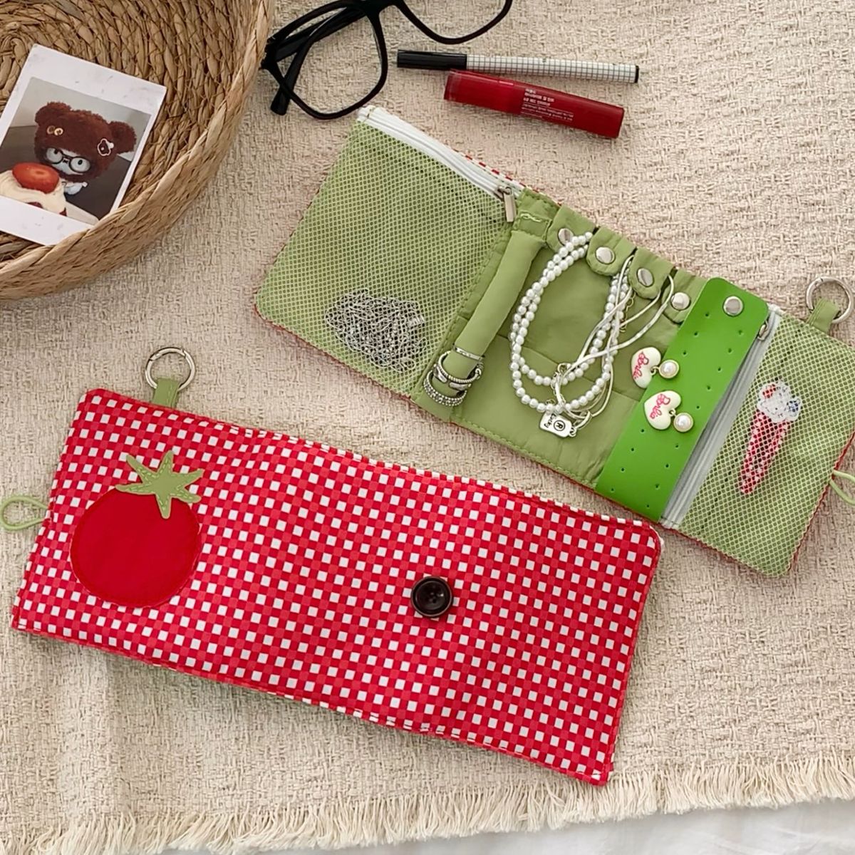 Passport holder, red plaid design, portable mini storage
