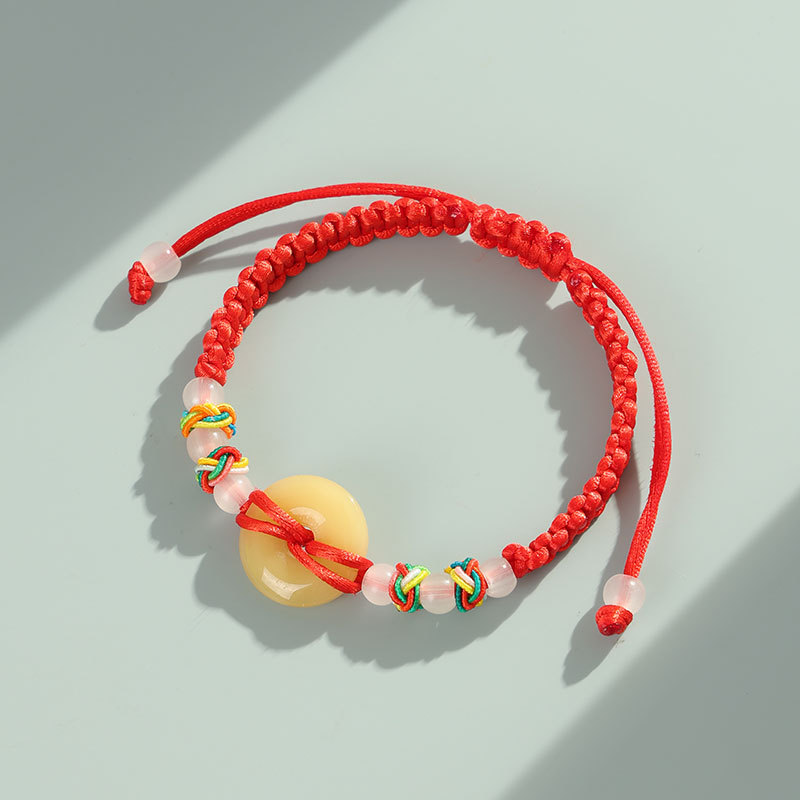 Red string bracelet, jade, safety clasp, hand-woven, unisex