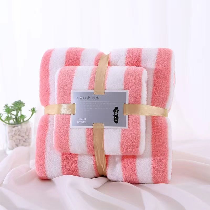 Coral fleece towel set, wide stripe, strong water absorption