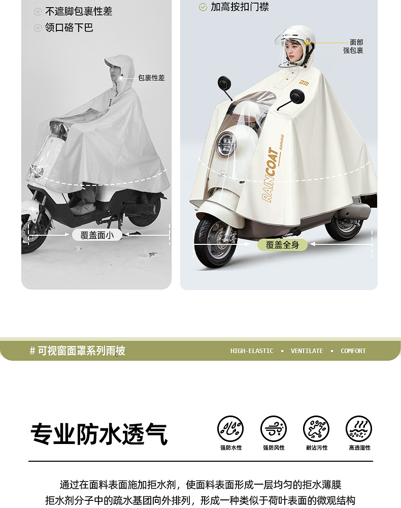 Beimei electric vehicle raincoat with HD window, full-body, waterproof, single-person