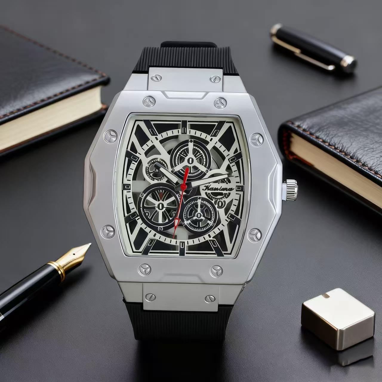 Men's quartz watch, barrel design, silicone strap, hollow dial