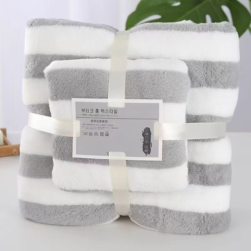 Coral fleece towel set, wide stripe, strong water absorption
