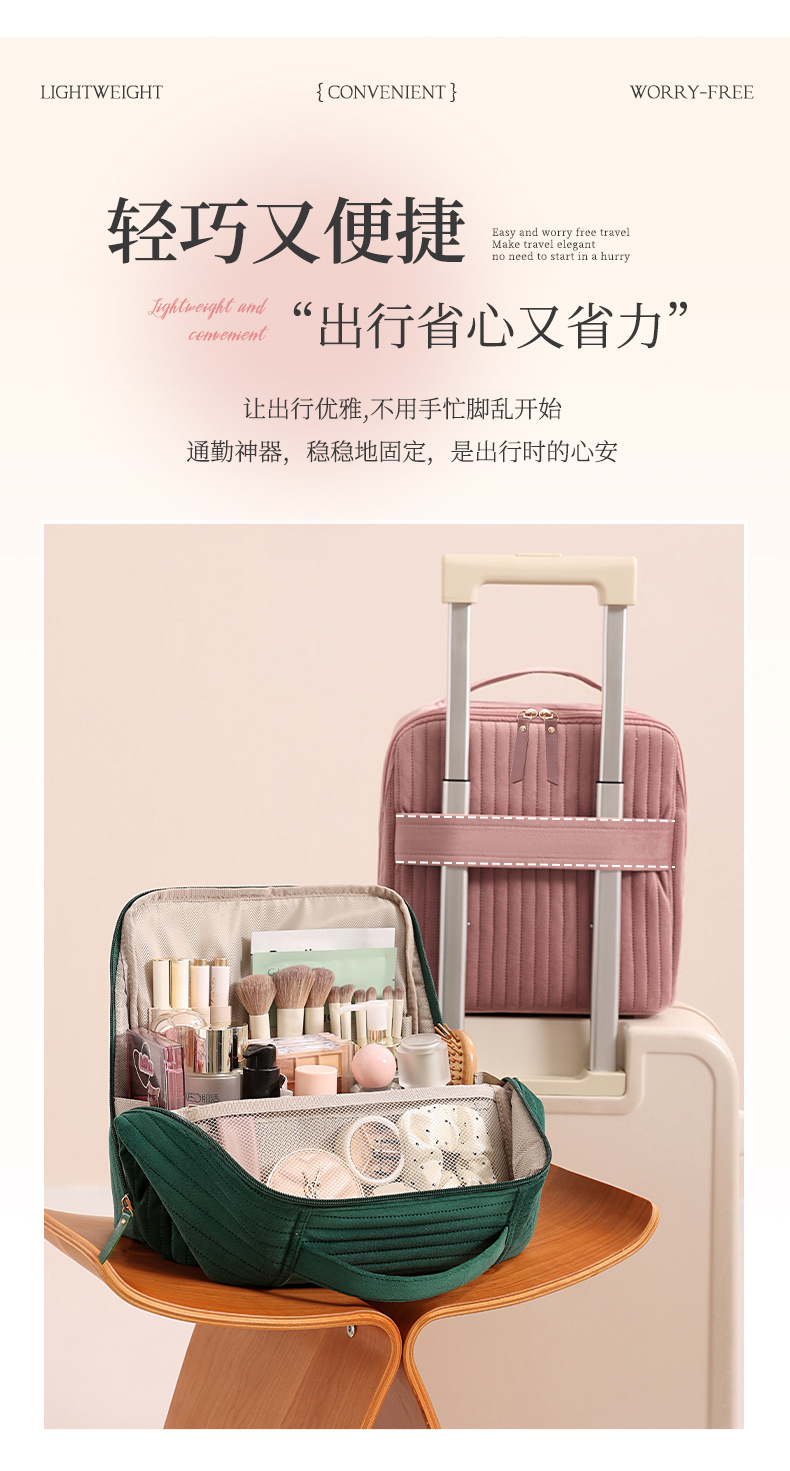 Upright cosmetic organizer bag, large capacity, compartments, travel