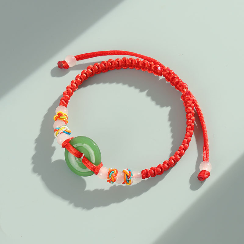 Red string bracelet, jade, safety clasp, hand-woven, unisex