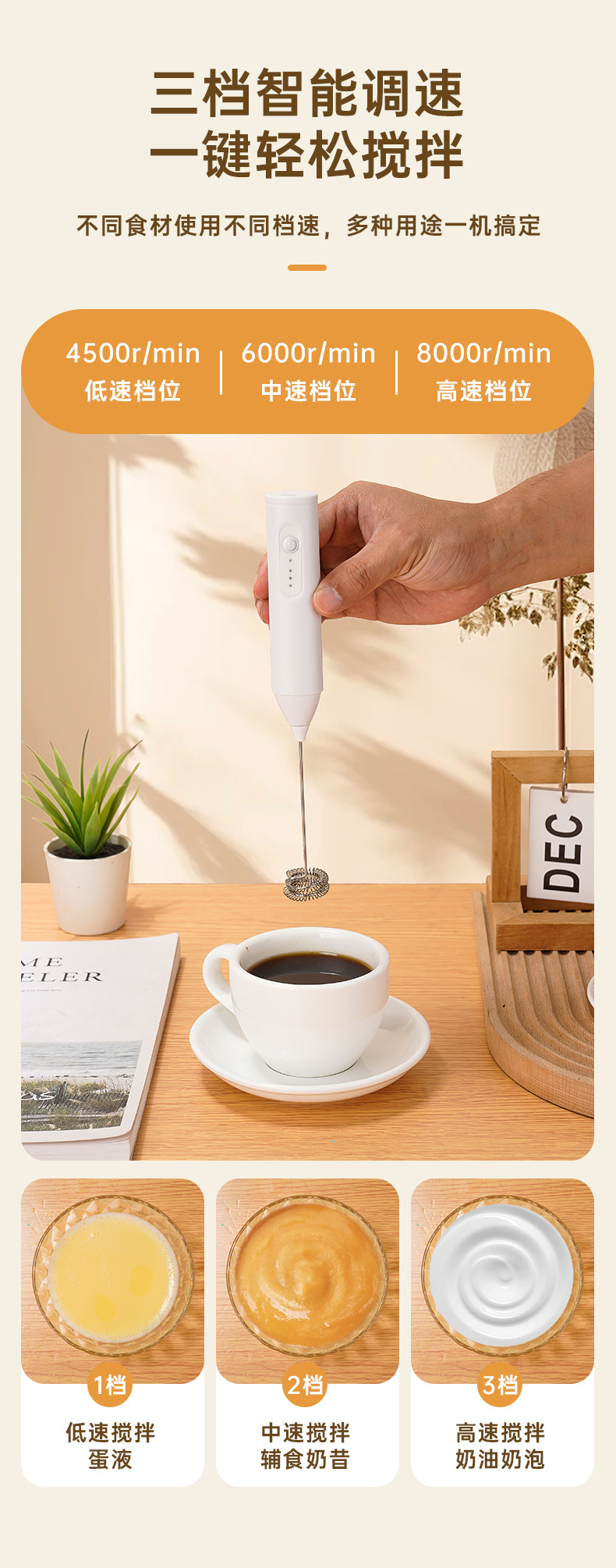 Electric milk frother, rechargeable, for coffee and milk, whisk