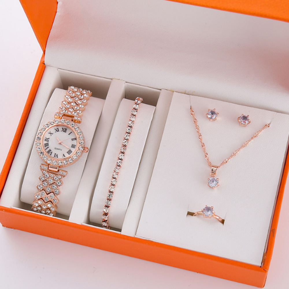 Kadın Bileklik Saati Taşlı Vintage Kuvars 5 Parça Set