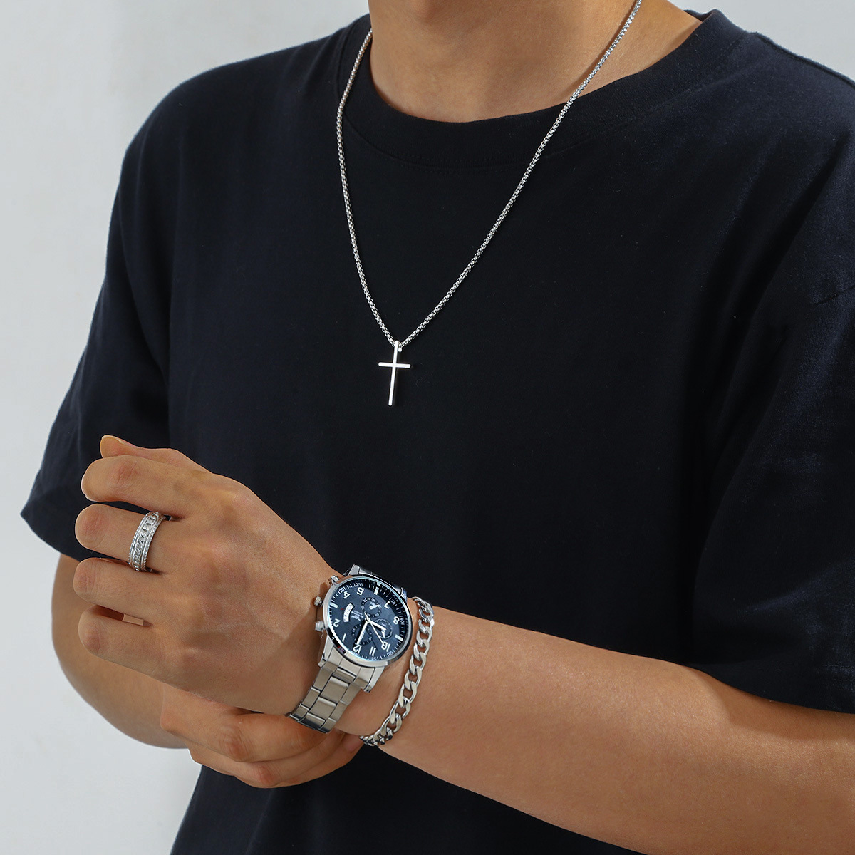Men's 4-piece silver jewelry set with watch, bracelet, necklace, ring