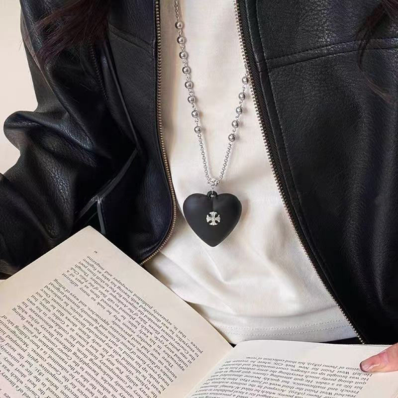 Round ring pendant necklace, black cord, long chain style