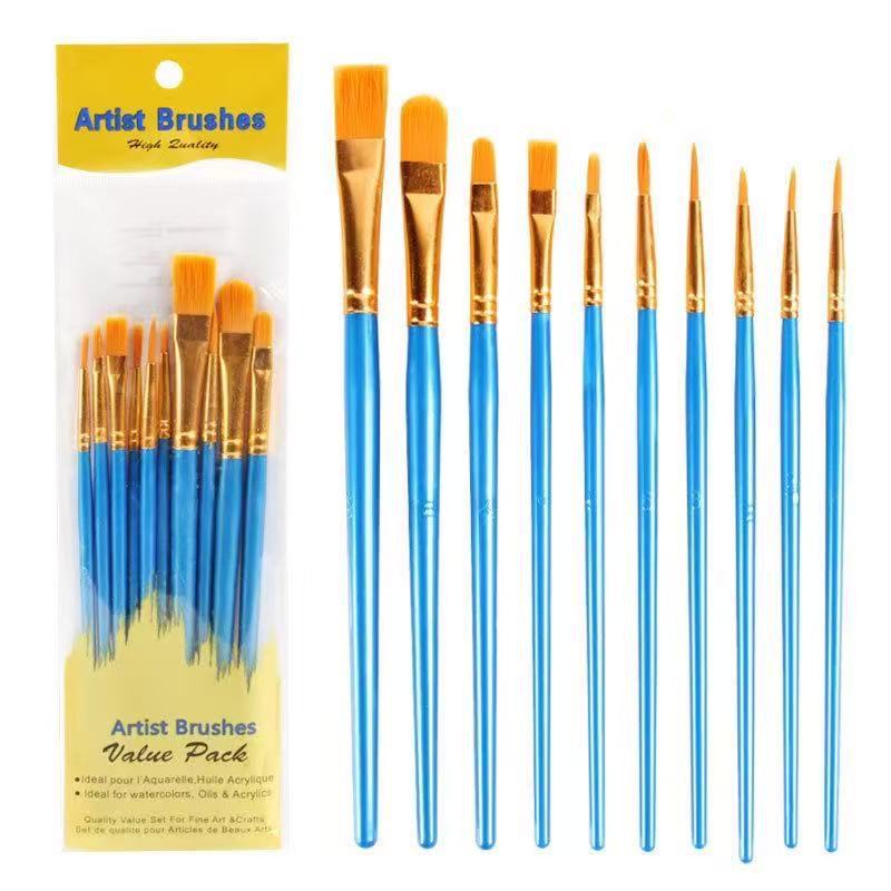 Nylon-Haarpinsel-Set 10er Kunststoffstiel Acryl- und Ölmalerei