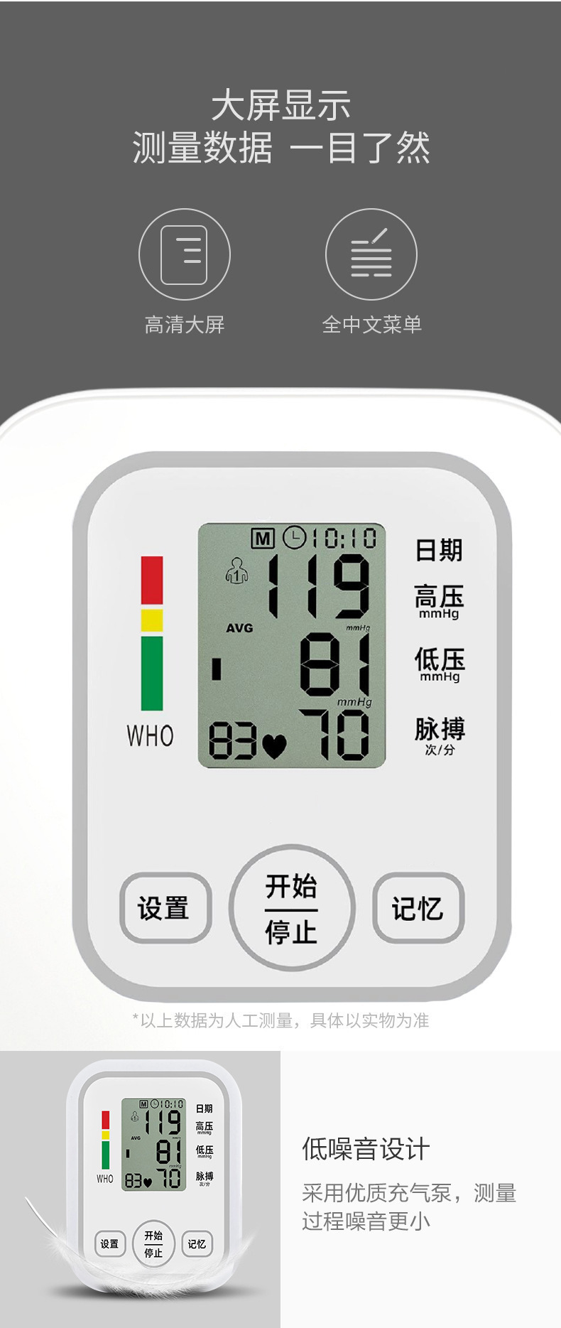 Medical Grade Blood Pressure Monitor, Automatic Arm Cuff