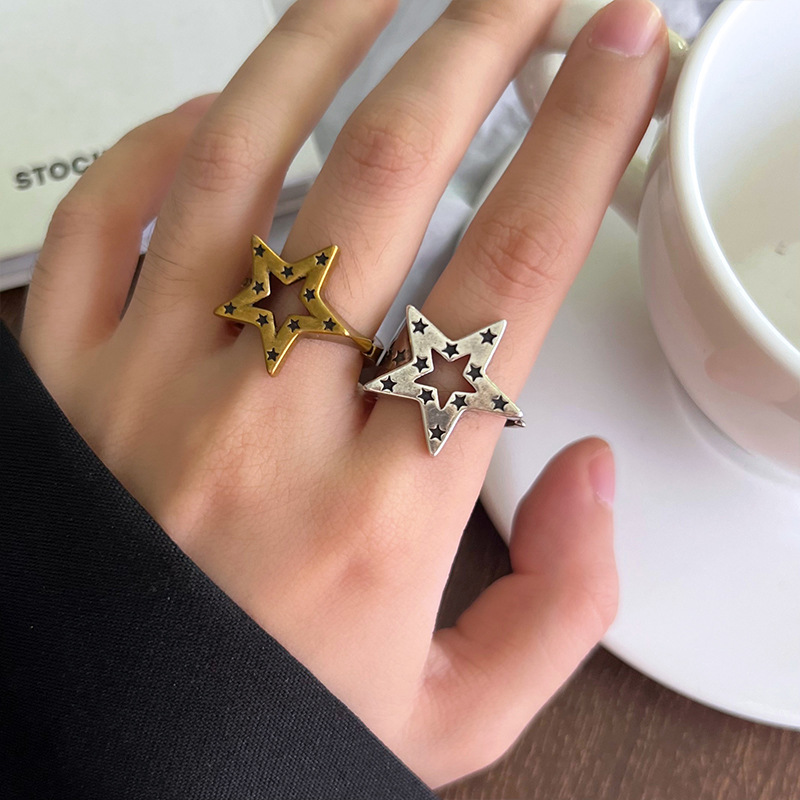 Five-pointed star 925 silver ring, hip-hop design