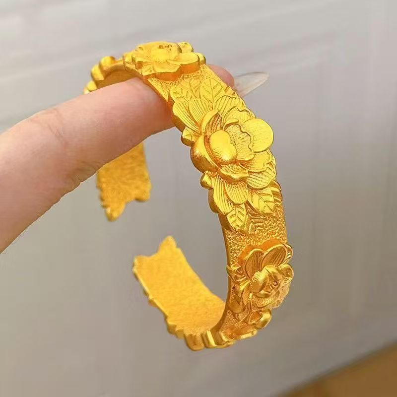 3D carved peony bracelet, solid gold-colored Chinese style