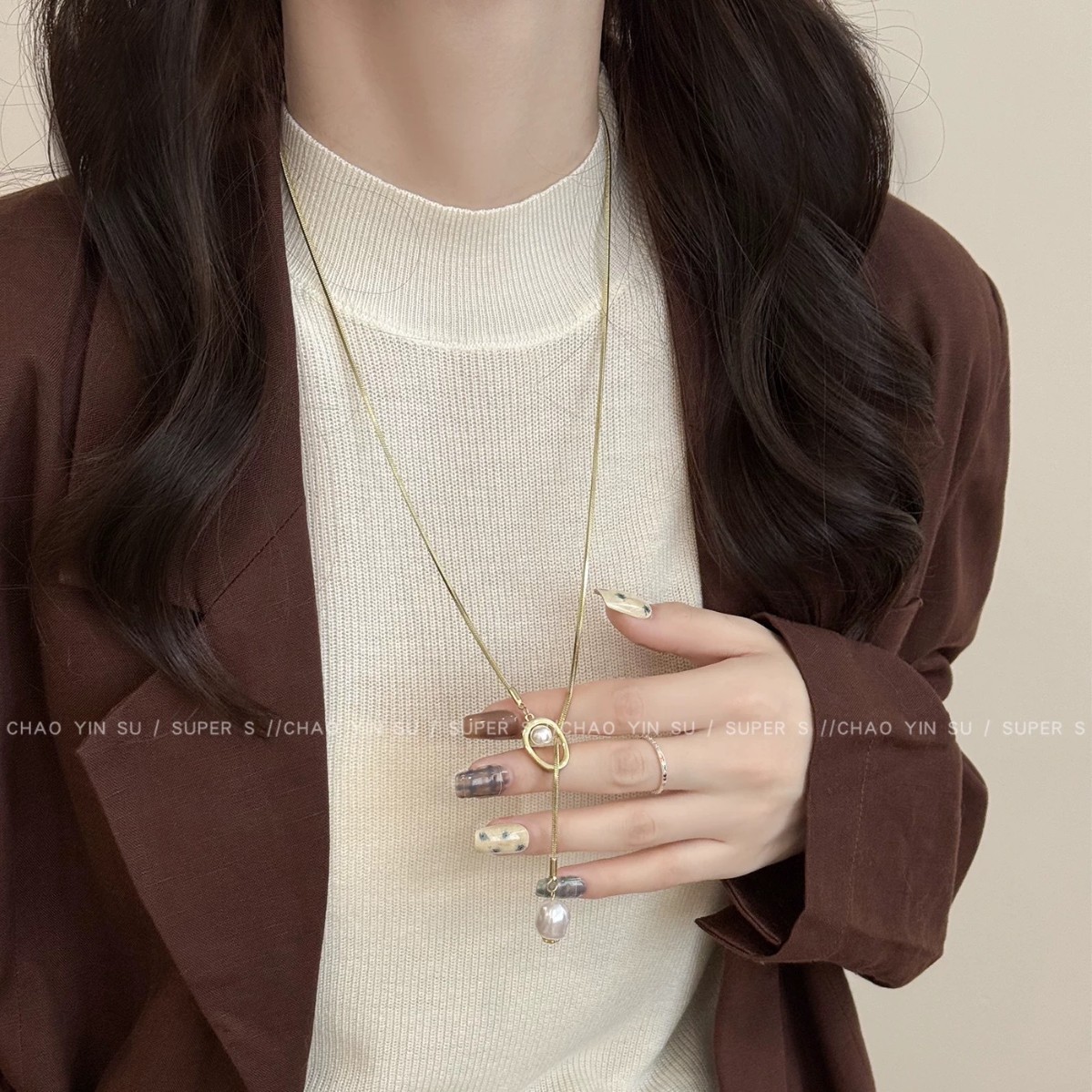 Pearl pendant long sweater chain necklace non-fading premium