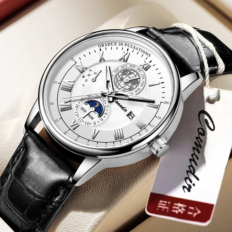 Men's quartz watch, leather strap, waterproof