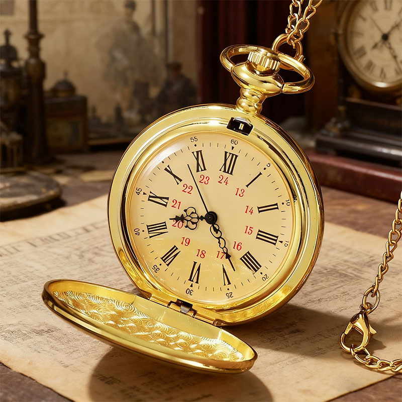 Vintage Taschenuhr mit Klapp-Deckel, Goldkette