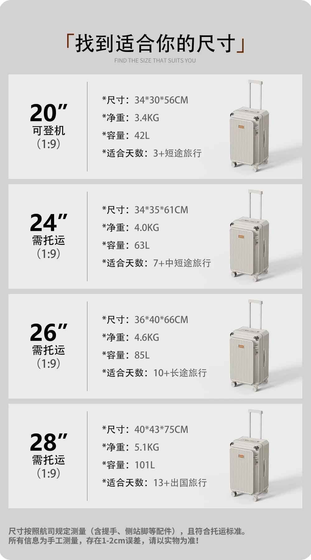 Side-opening luggage 24-28 inch, silent wheels, multifunctional