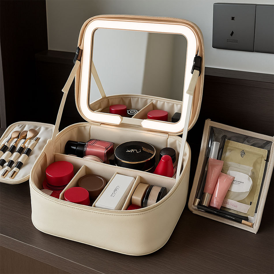 Makeup bag with mirror and LED light, portable organizer
