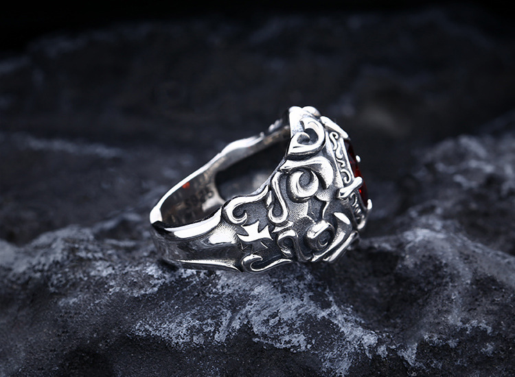 S925 silver plated garnet flower ring men's