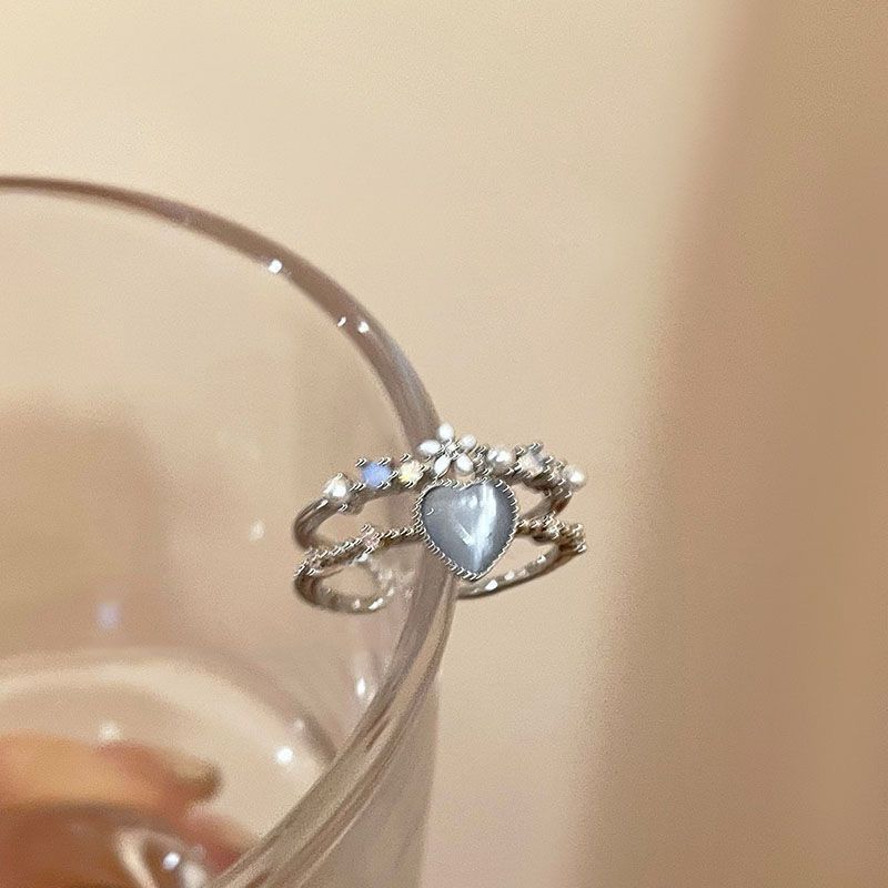 Sea blue moonstone open ring adjustable women's