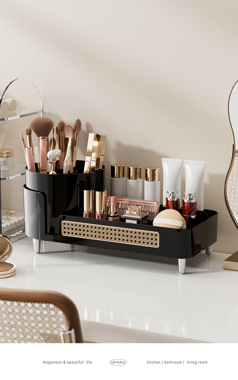 Cosmetics storage box with rotating pen holder, premium design