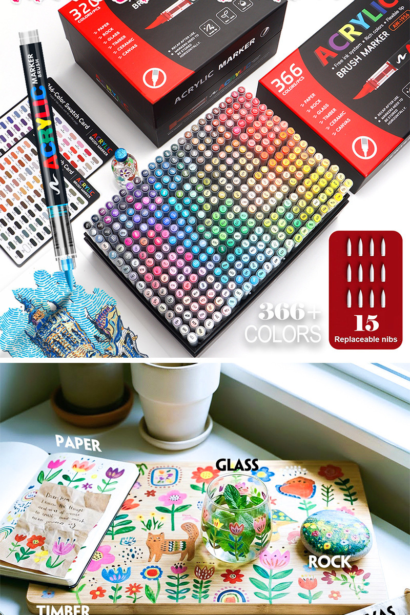 366-teiliges Acryl-Marker-Set mit weicher Spitze, stapelbar