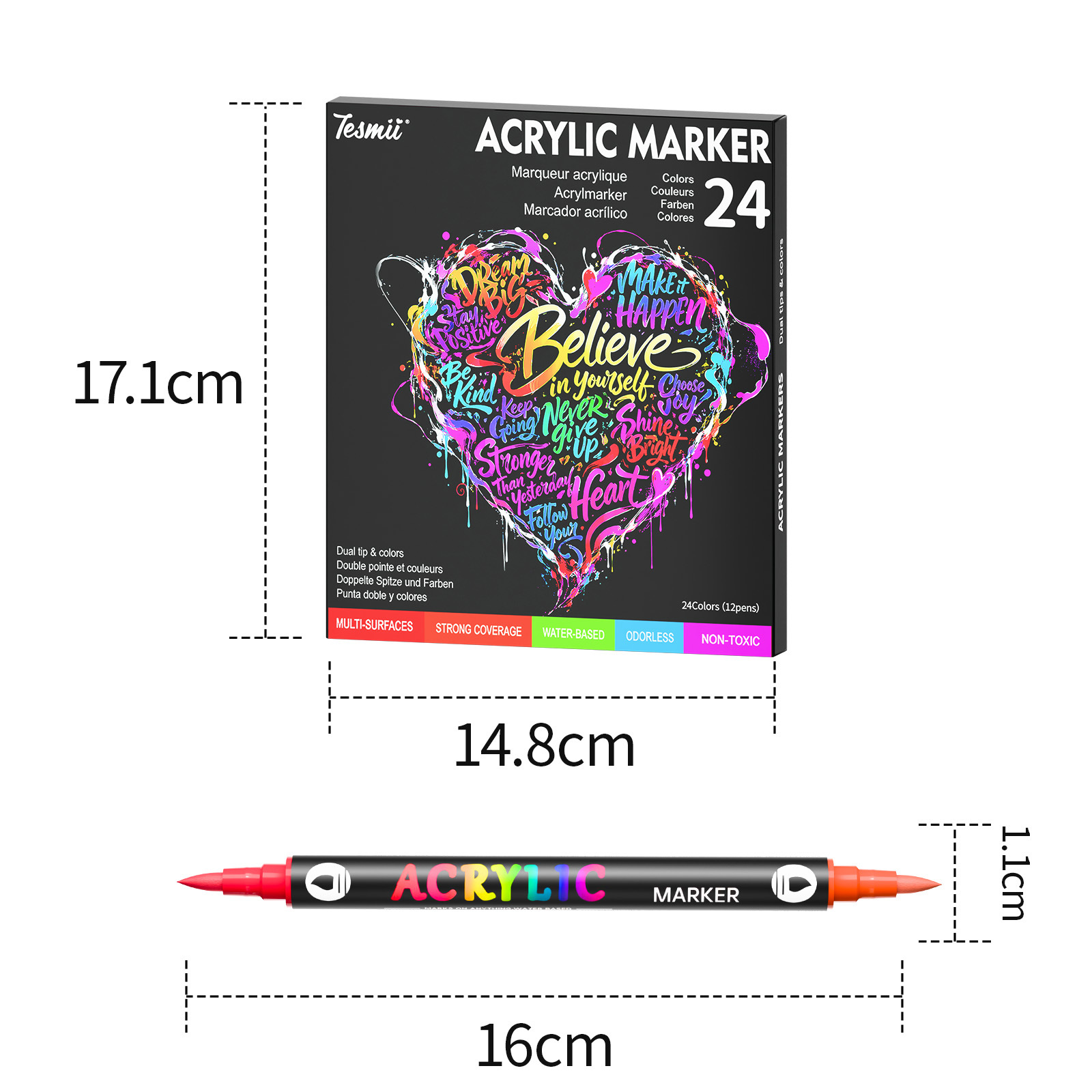 Dual-Tip Acrylic Marker Pen Set, Water-Based, DIY Painting
