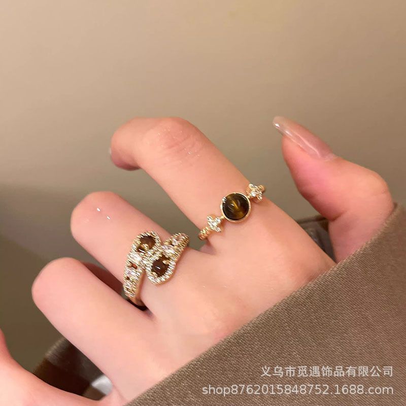 Tiger eye star water drop open ring