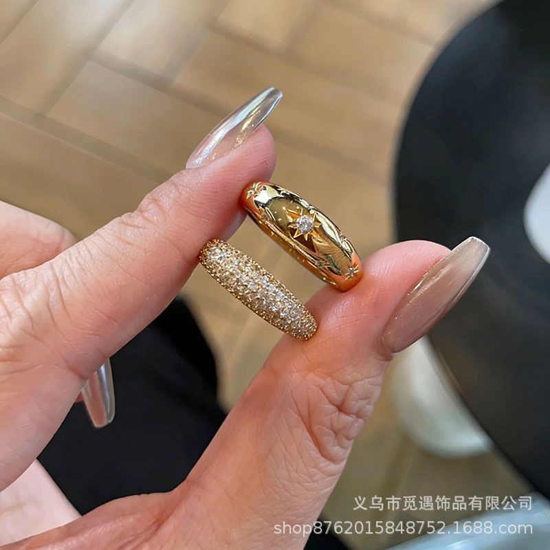 中古金色菱格满钻戒指女款轻奢小众高级感八芒星老钱风食指戒指环
