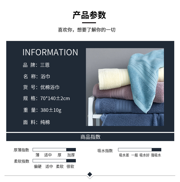 Pure cotton bath towel set, 3-piece, absorbent quick-drying