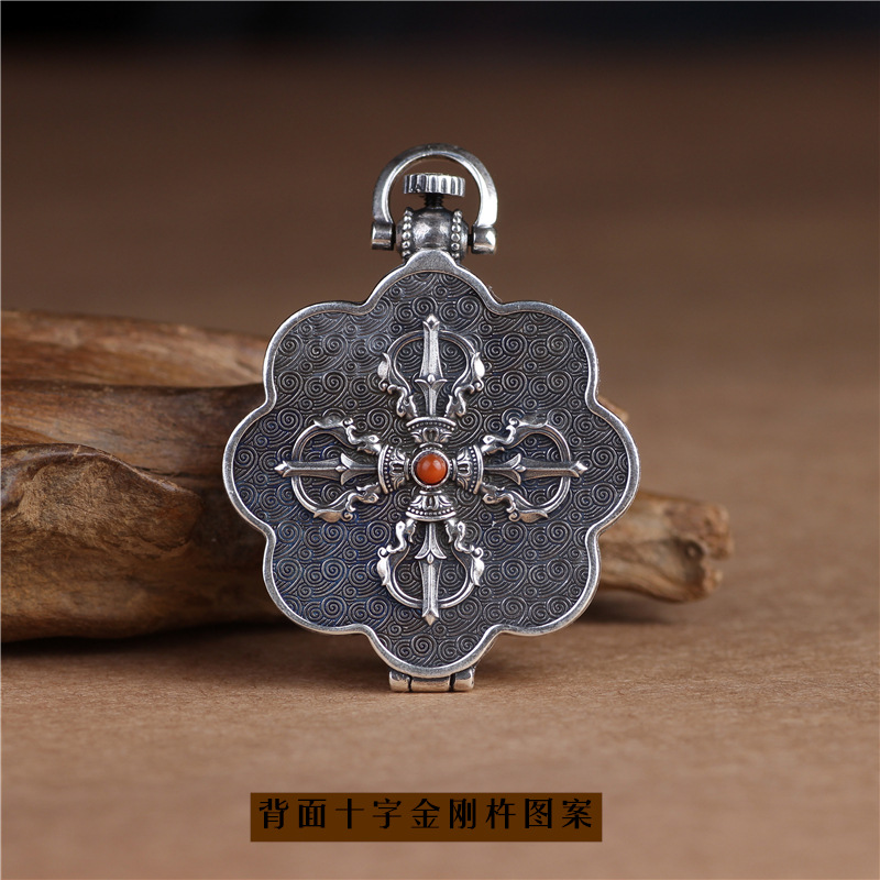 Silver lotus pendant with openable box, six character mantra design