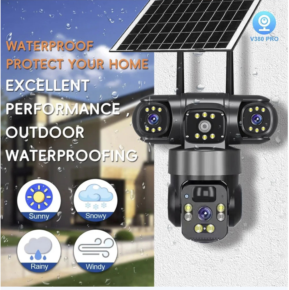 Güneş enerjili gözetleme kamerası V360Pro, üç lens, 4G, gece görüşü