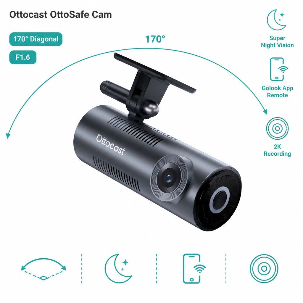 Ottocast çift kameralı kablosuz CarPlay dashcam, 2K QHD 1440p